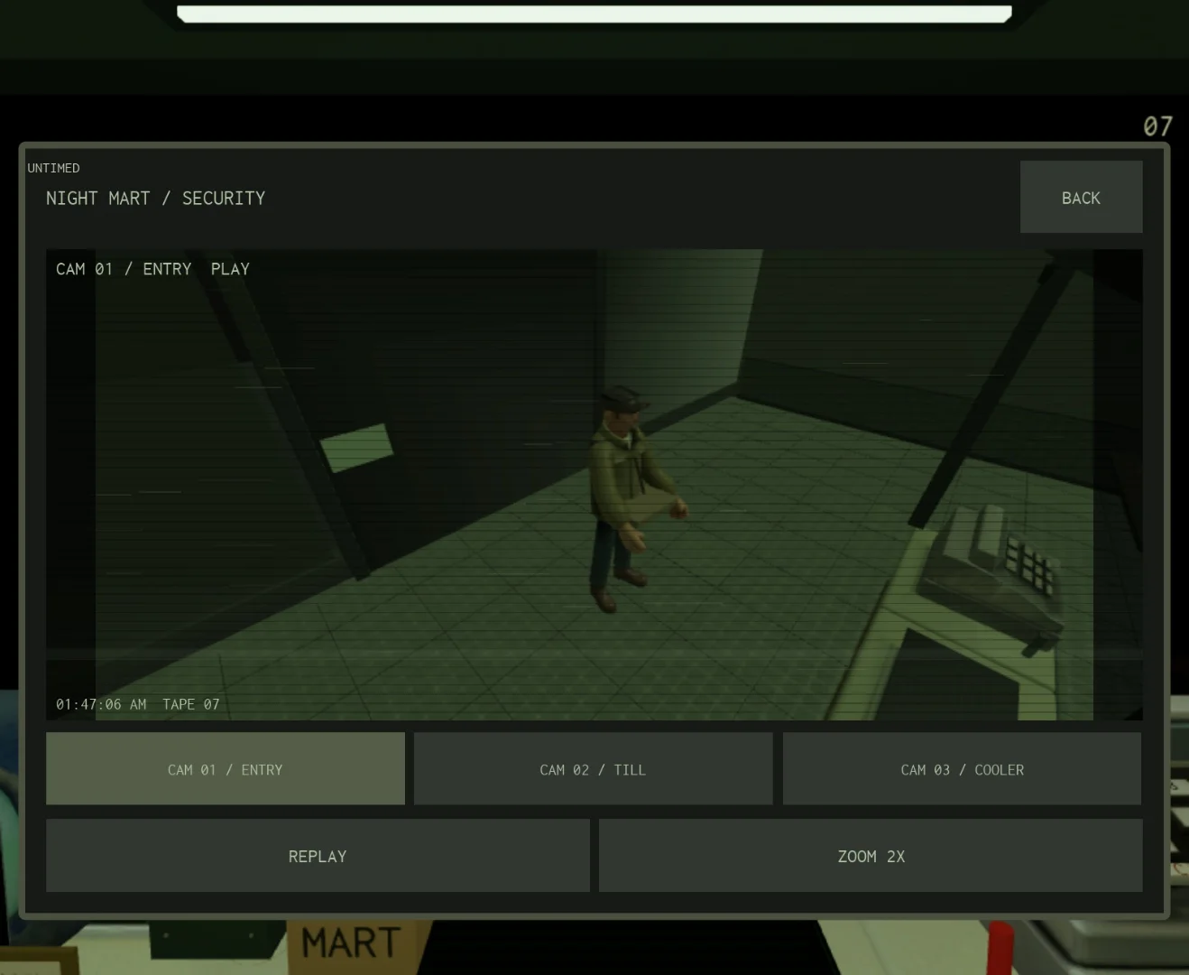 Nightmart security camera view of a customer entering the store, with camera selection and replay controls