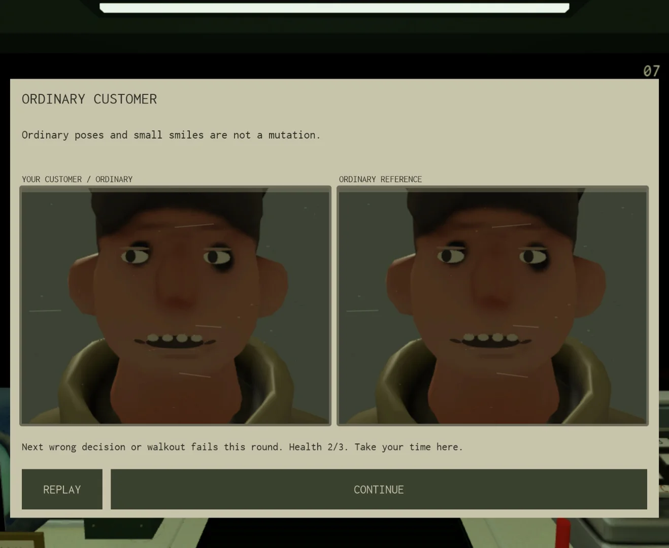Nightmart review screen comparing the player's customer with an ordinary reference after a mistaken decision